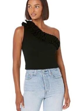Milly Black One-Shoulder Ruffle Camisole blouse top